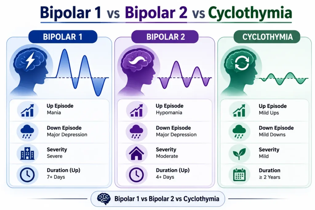 Bipolar 1 vs Bipolar 2 vs Cyclothymia